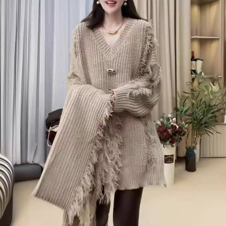 Pull en tricot surdimensionné femme avec franges et décolleté en V Chic & Stil