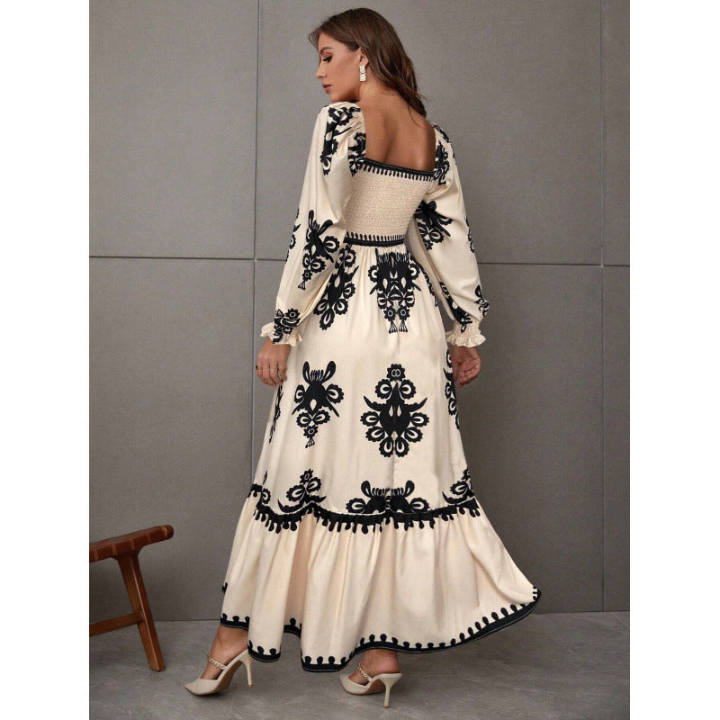 Women Elegant Maxi Dress with Puff Sleeve Cut and Floral Details Lune London