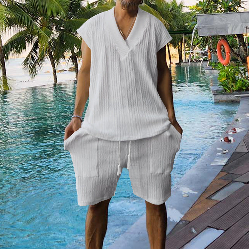 Casual set for men with short sleeve top and shorts featuring structured design Lune London
