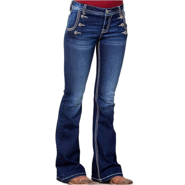 Women's High-Waisted Flared Jeans with Decorative Metal Buttons and Contrast Stitching Amarae