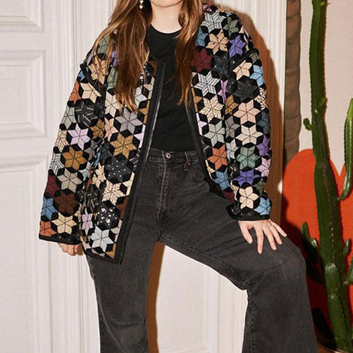 Transitional ladies' jacket with a colorful geometric pattern and practical pockets Lune London