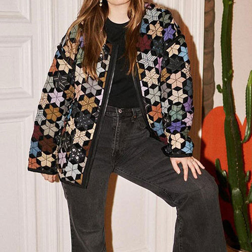 Transitional ladies' jacket with a colorful geometric pattern and practical pockets Amarae