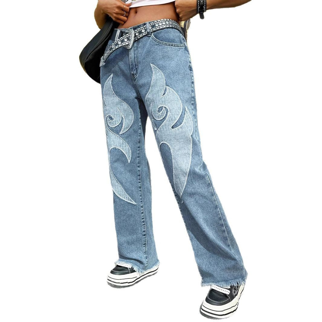 Women Baggy Jeans with contrasting flame appliqués & raw hem Amarae