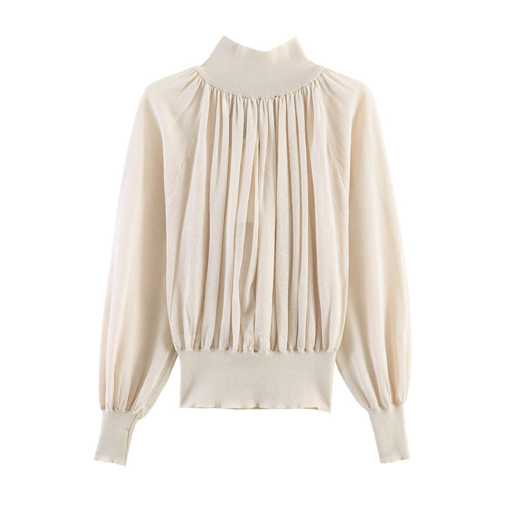 Women's Elegant Pleated Blouse with Stand Collar, Button Detail and Balloon Sleeves Amarae