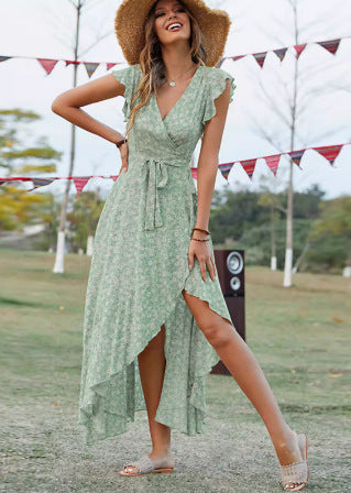 Lune London women's maxi dress with fluid sleeves and floral height difference