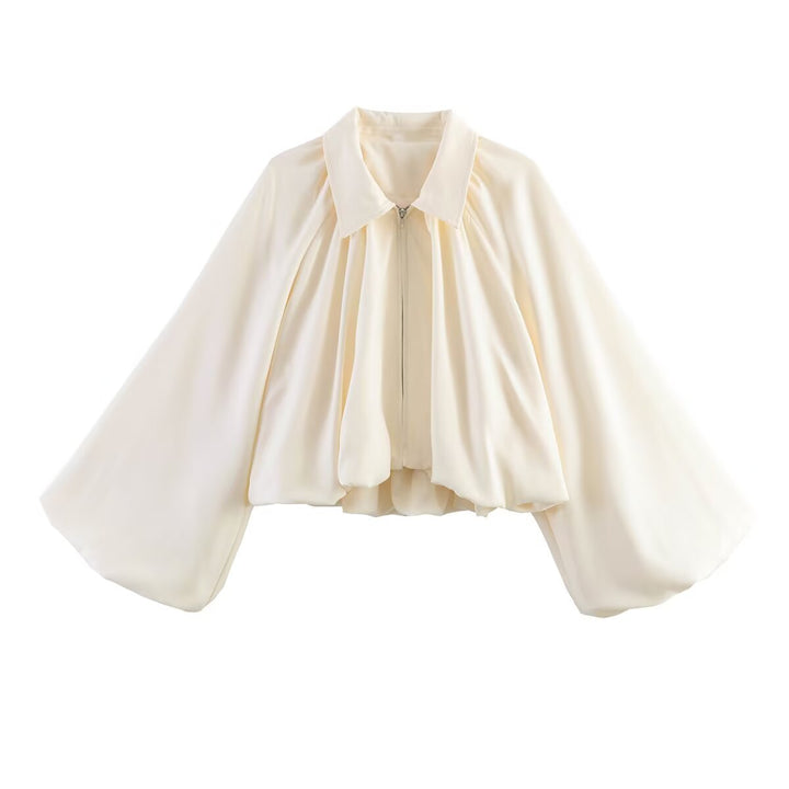 Women Short Cape Jacket with Wide Balloon Sleeves and Zipper Amarae