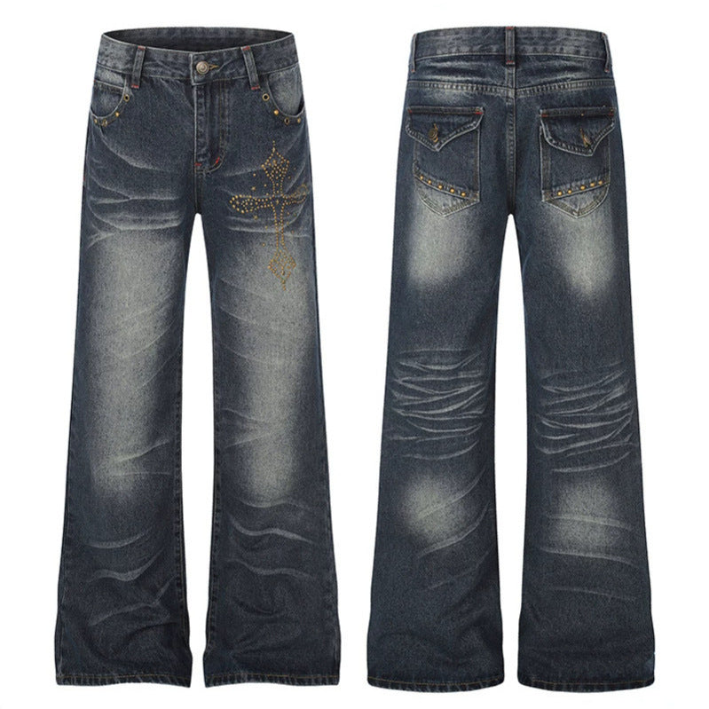 Women's Wide High-Waist Palazzo Jeans with Decorative Stone Cross Appliqué Amarae
