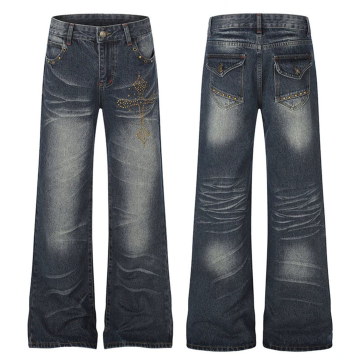 Women's Wide High-Waist Palazzo Jeans with Decorative Stone Cross Appliqué Amarae