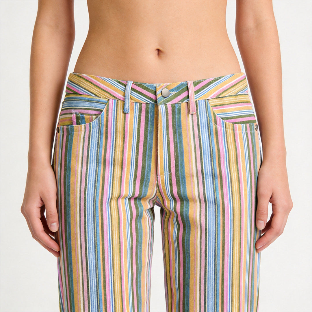 Women's straight-cut high-waisted pants with vertical multi-stripe pattern and five-pocket cut Amarae