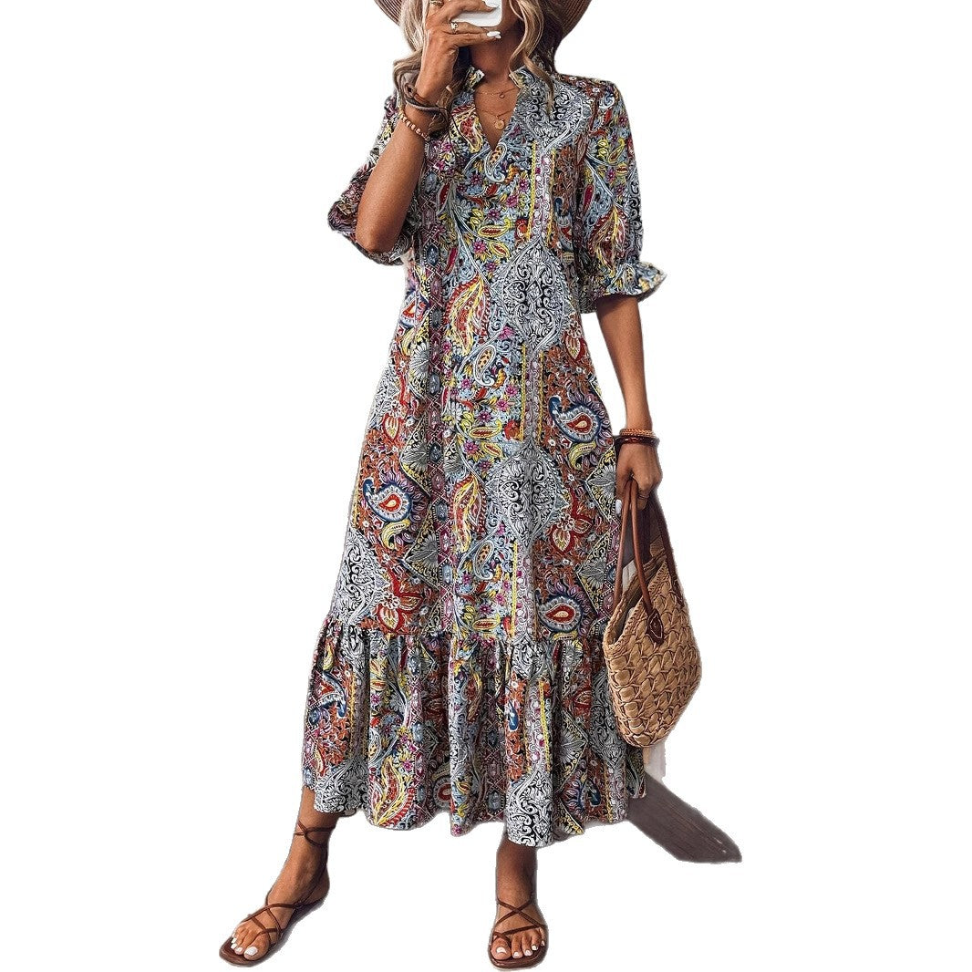 Women's maxi dress with colorful Paisley pattern and fashionable ruffle Lune London