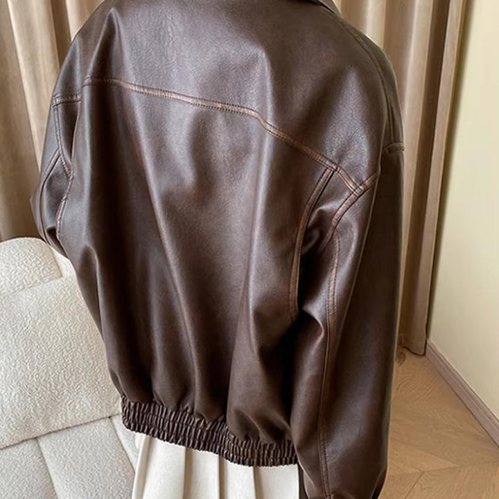 Women's Boxy Faux Leather Pilot Jacket with Flap Pockets and Elastic Hem Amarae