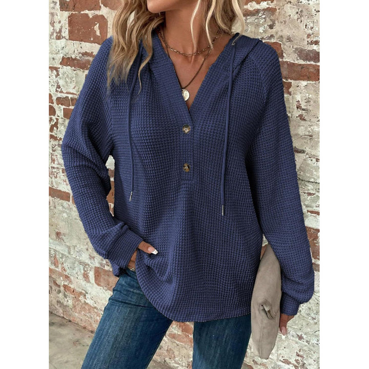 Women Waffle Knit Hoodie with Henley Button Placket and Oversized Cut Amarae