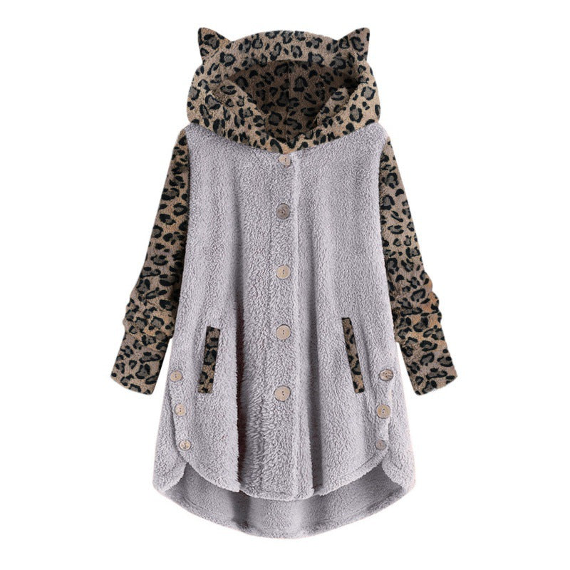Women's teddy coat with hood, button placket, and contrasting leopard sleeves Amarae
