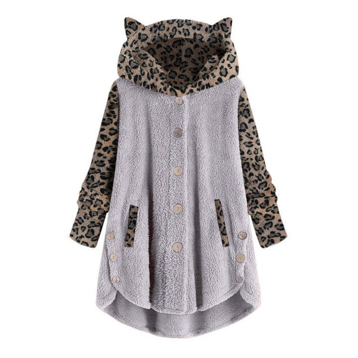 Women's teddy coat with hood, button placket, and contrasting leopard sleeves Amarae