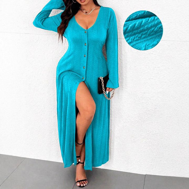 Maxi dress for women with button placket and elegant slit Lune London
