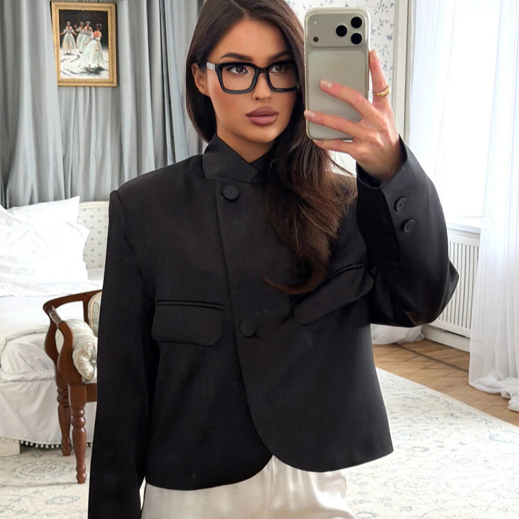 Ladies Satin Cropped Blazer with Mandarin Collar, Flap Pockets and Curved Hem Amarae