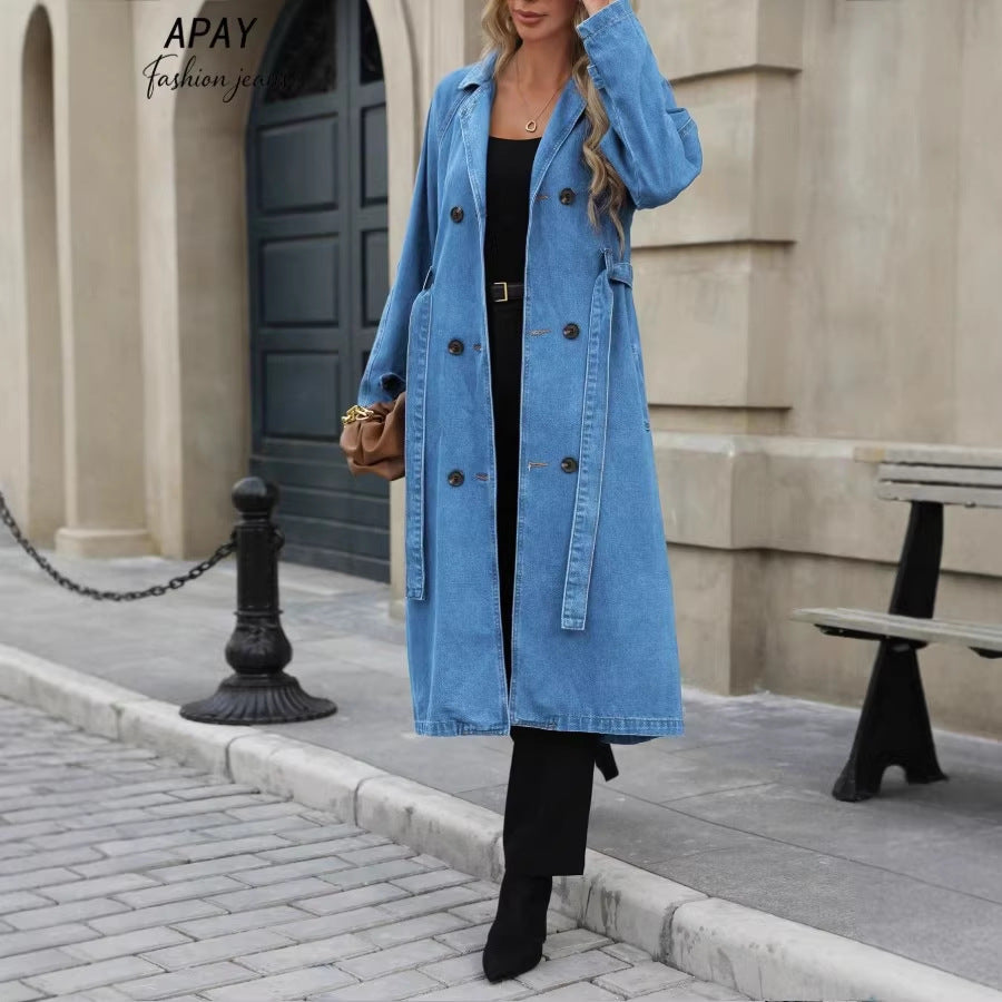 Women Long Denim Trench Coat with Tie Belt and Raglan Sleeves Amarae