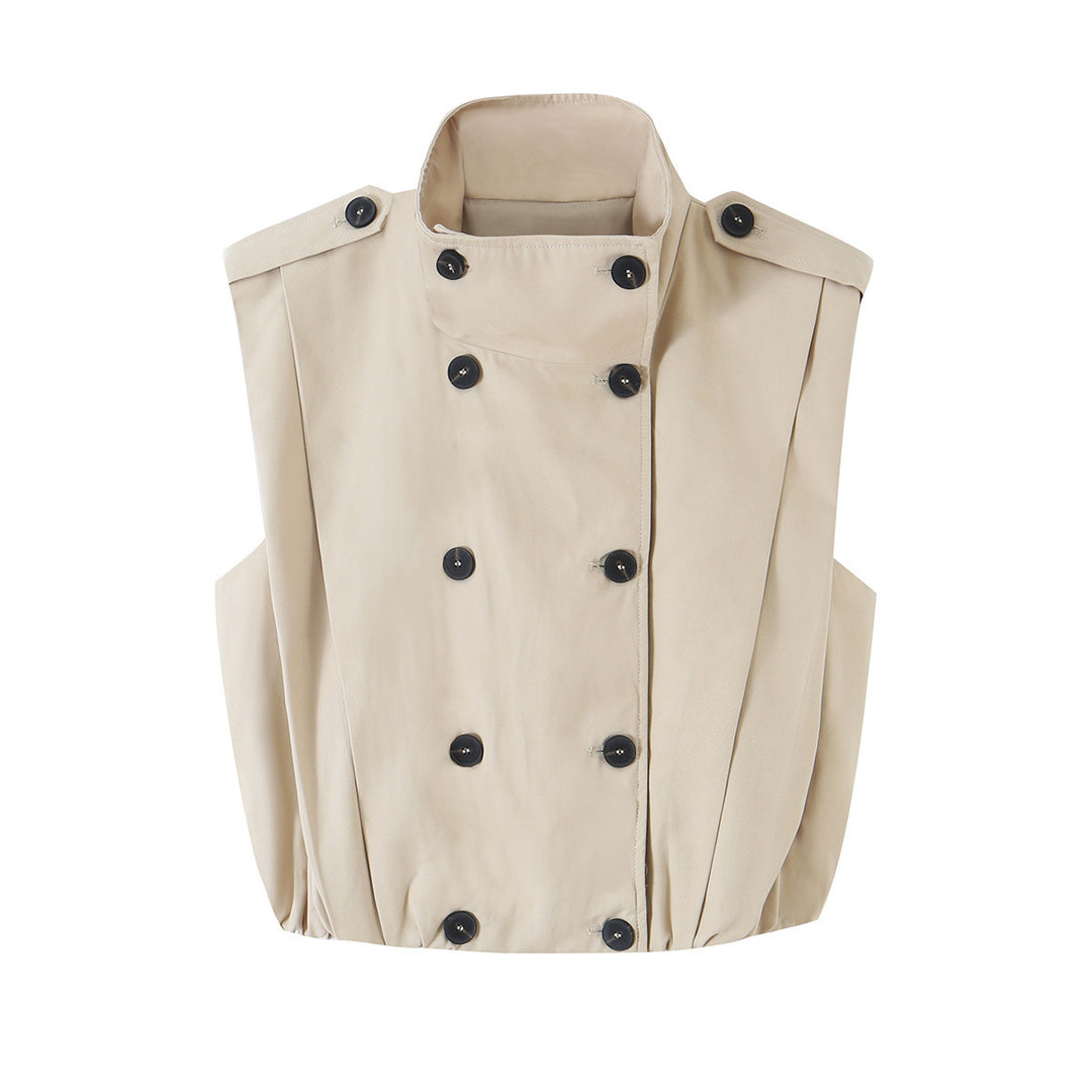 Women Sleeveless Trench Vest with Double Breasted and Stand Collar Amarae