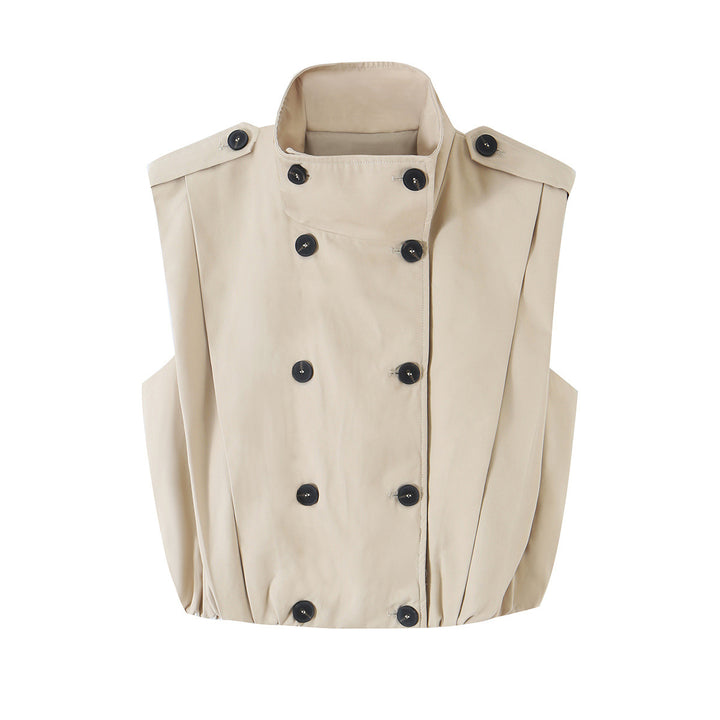 Women Sleeveless Trench Vest with Double Breasted and Stand Collar Amarae