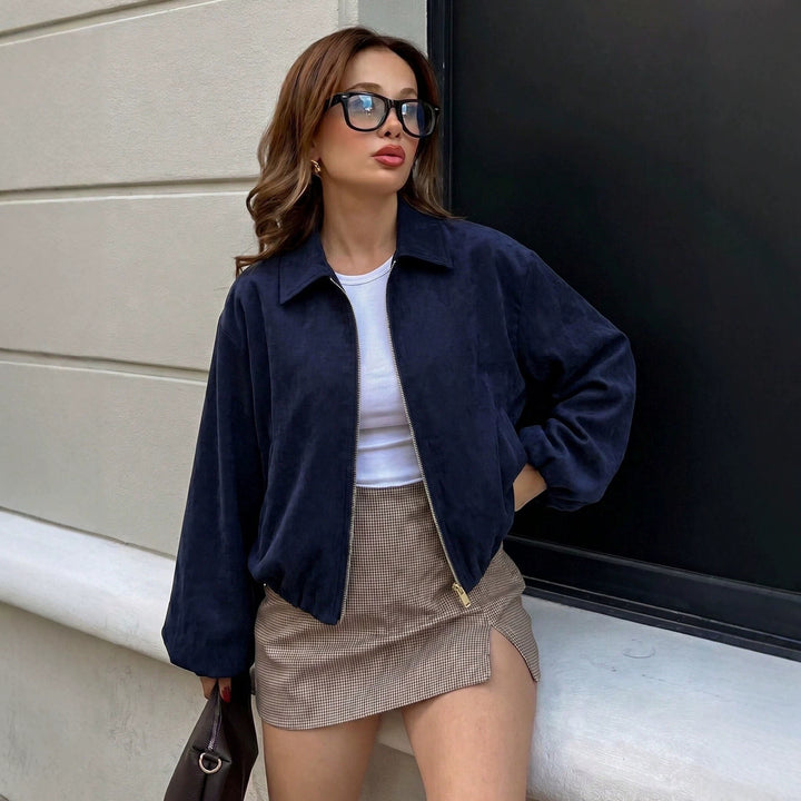 Women’s short bomber jacket with zipper, elastic hem, and soft finish Amarae
