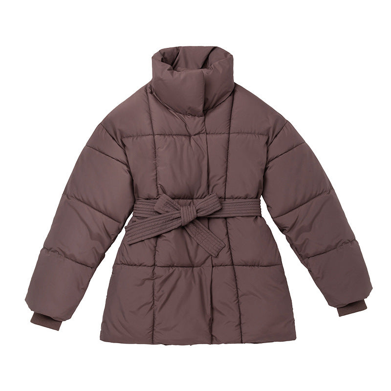 Ladies comfortable and elegant down jacket with belt and high collar Amarae