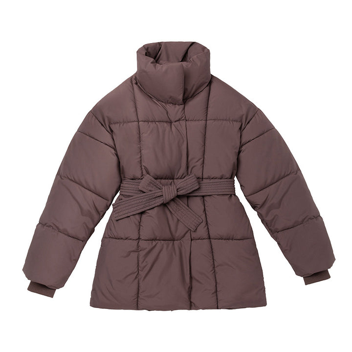 Ladies comfortable and elegant down jacket with belt and high collar Amarae