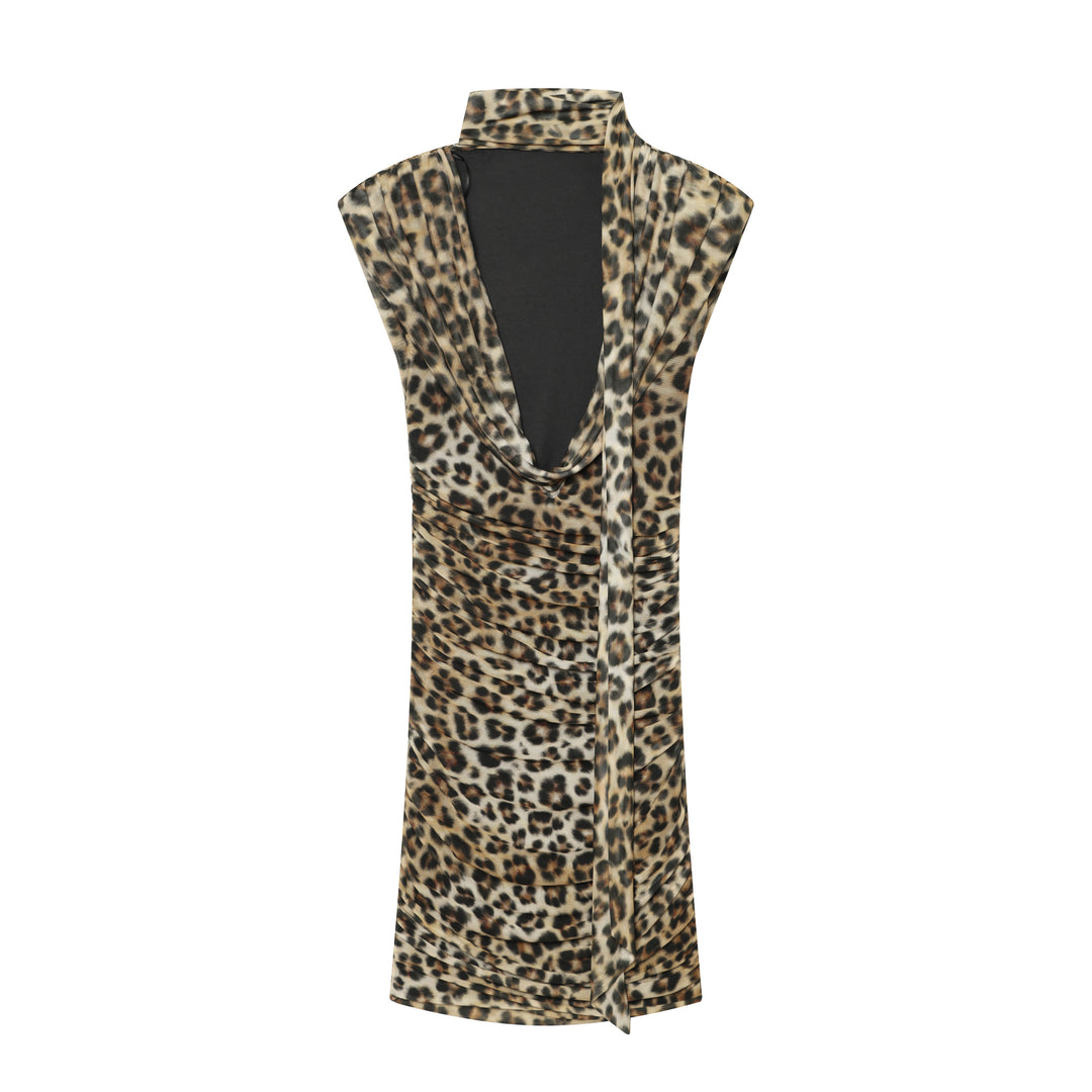 Women's viscose jersey wrap dress with waterfall neckline, draping, and gathers