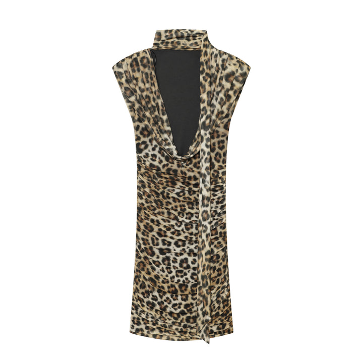 Women's viscose jersey wrap dress with waterfall neckline, draping, and gathers