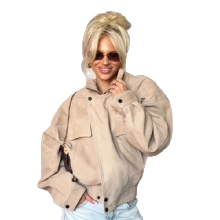 Women Oversize Suede Look Jacket with Flap Pockets and Stand-Up Collar Amarae