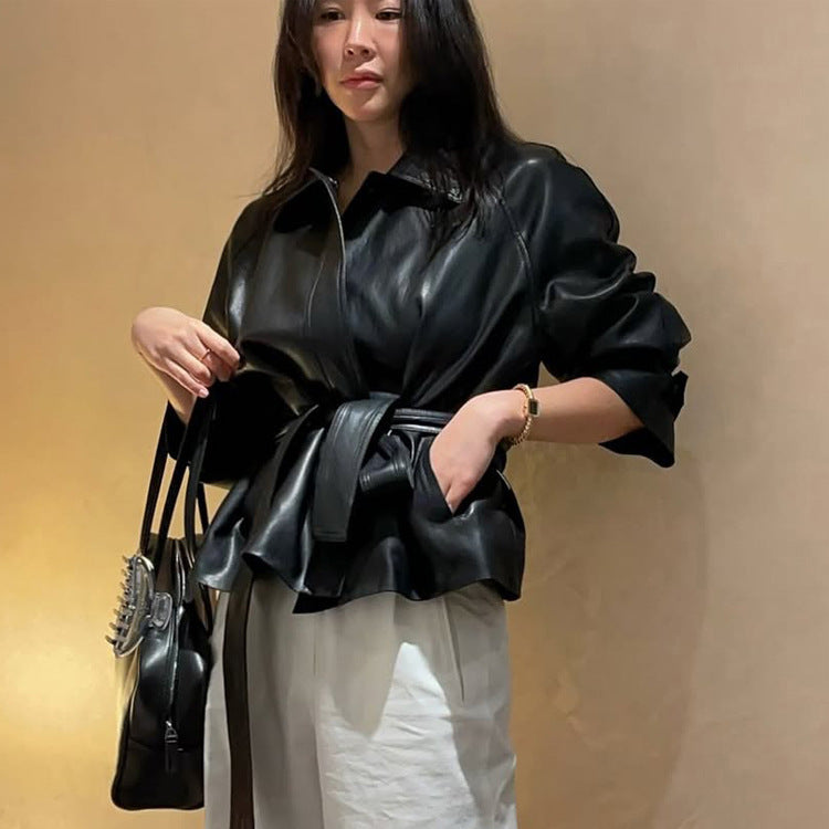 Women's Tailorable Faux Leather Jacket with Wrap Belt and Boxy Silhouette Amarae