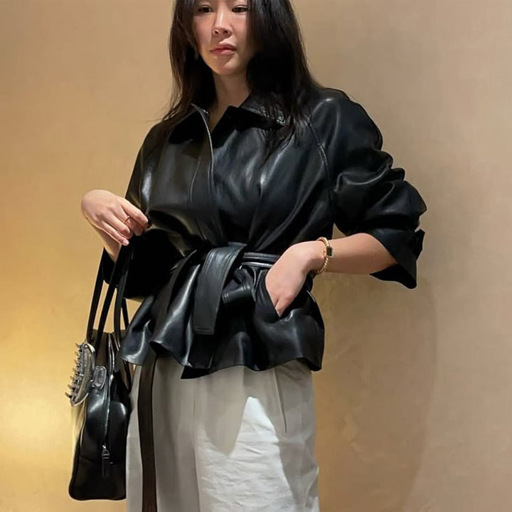 Women's Tailorable Faux Leather Jacket with Wrap Belt and Boxy Silhouette Amarae