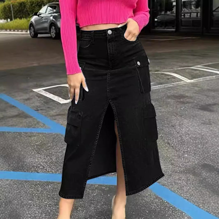 Ladies High-Waist Cargo Denim Midi Skirt with Front Slit Amarae