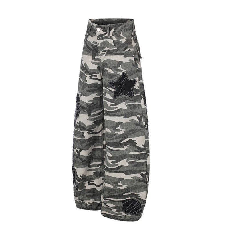 Women's Wide Camouflage Palazzo Pants with Balloon Hem and Decorative Stitch Details Amarae