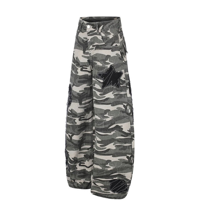 Women's Wide Camouflage Palazzo Pants with Balloon Hem and Decorative Stitch Details Amarae