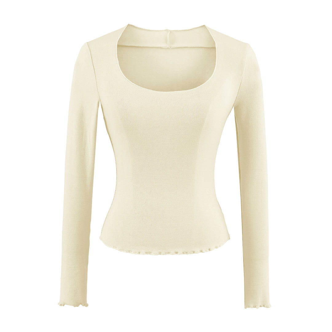Women Fitted Long Sleeve Fine Knit Top with Square Neckline and Wave Hem Amarae