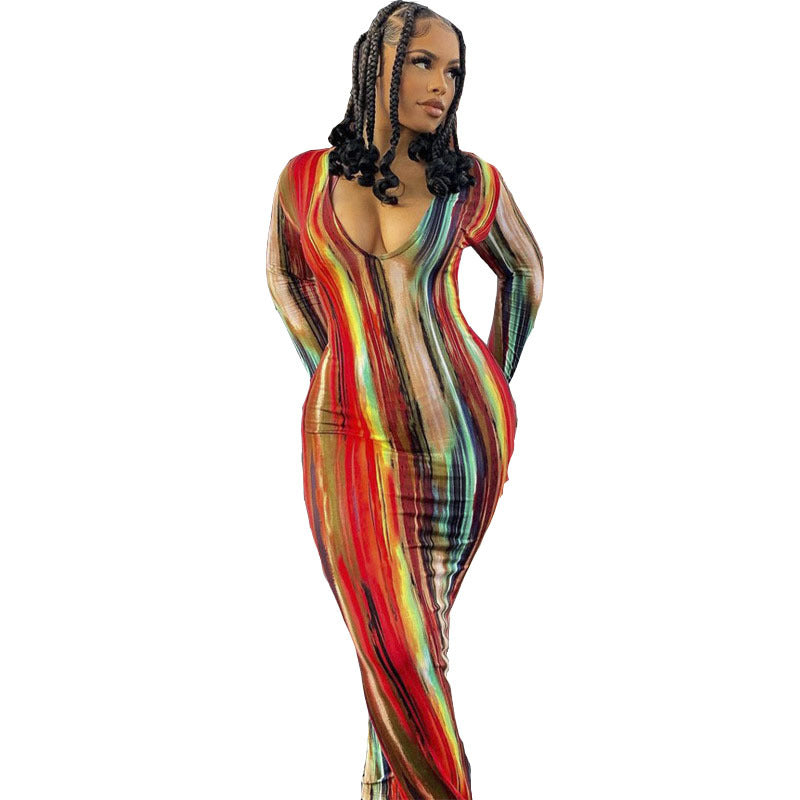 Ladies Fitted Maxi Dress with Long Sleeves and Abstract Stripe Pattern Amarae