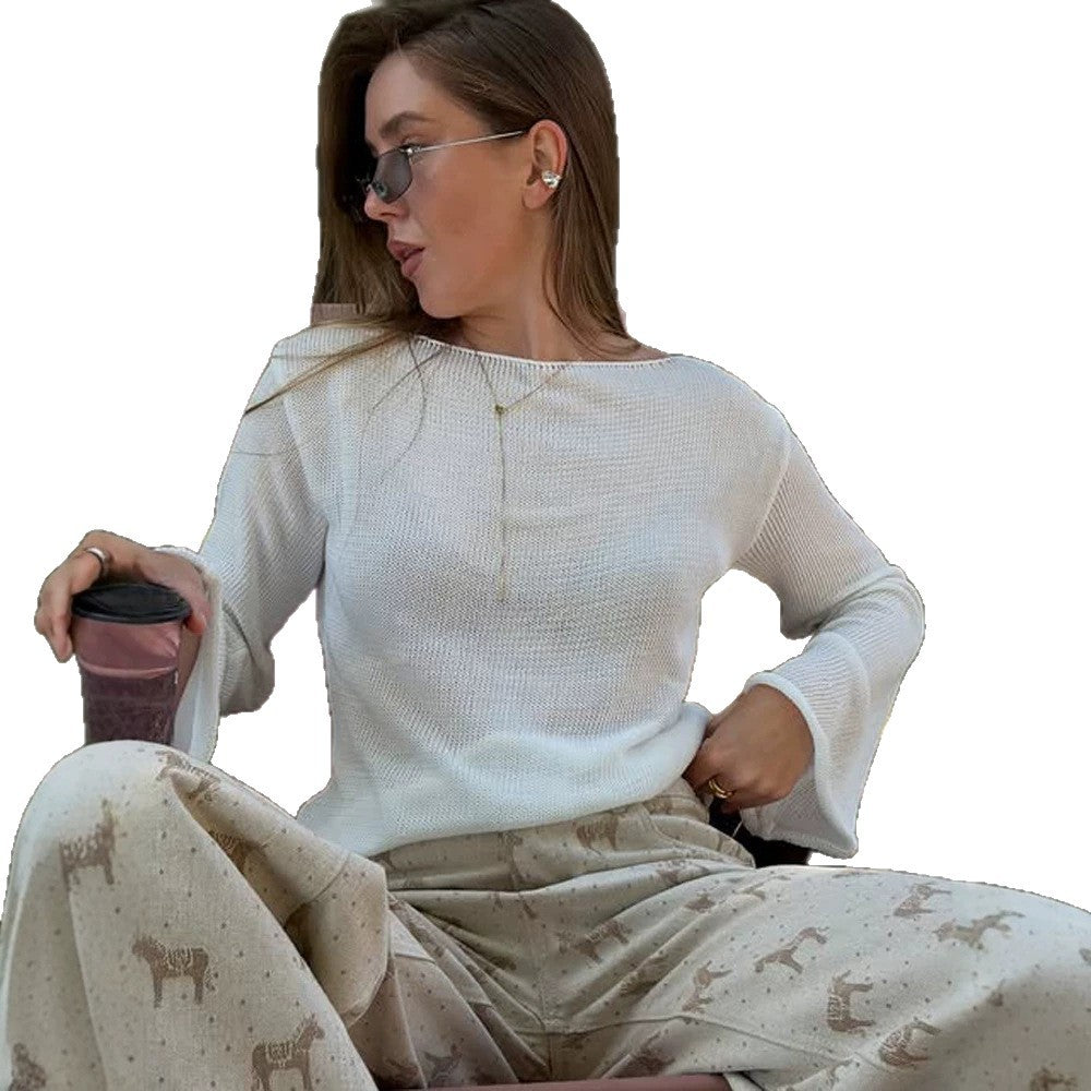 Women's chunky knit pullover with wide boat neck & extra wide trumpet sleeves Amarae
