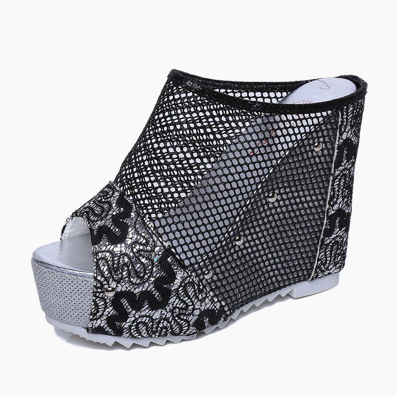 Wedge heel sandals for ladies with an elegant mesh design and sparkling embellishments Lune London