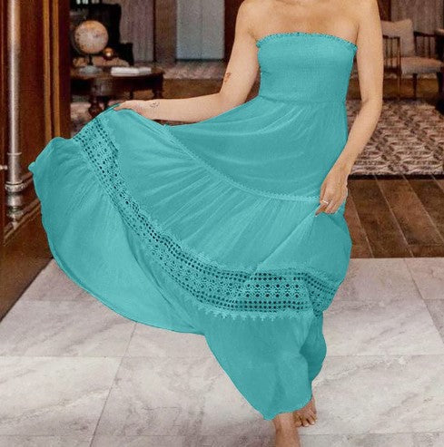 Maxi strapless dress for women with an elegant lace trim Lune London