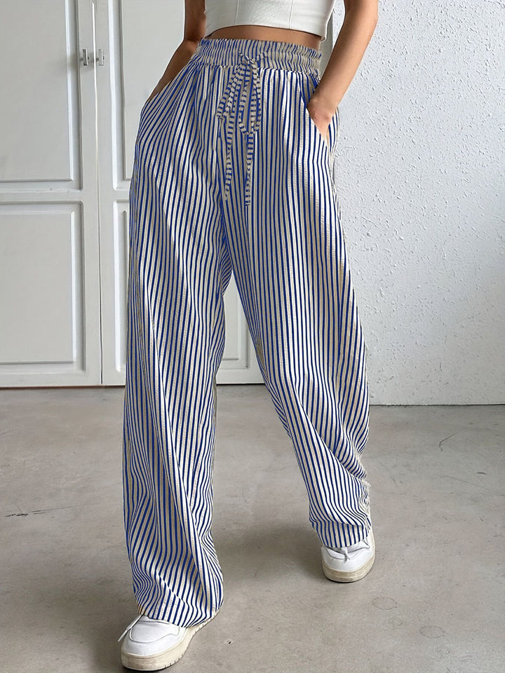 Wide striped pants for women with elastic waist and practical pockets Lune London