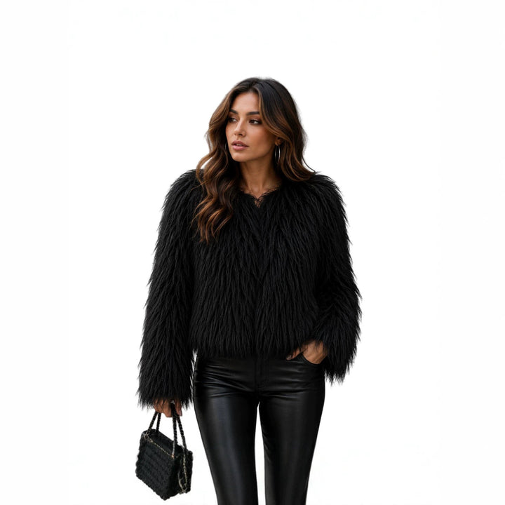 Women Short-Cut Shaggy Faux Fur Jacket with Round Neck, Extra Soft Long Hair and Casual Fit Amarae