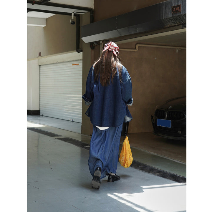 Women's Long Denim Maxi Skirt with Elastic Drawstring Waistband and Attached Cargo Pocket Amarae