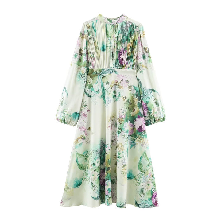 Women’s midi dress with pleated bodice, bell sleeves, and floral A-line skirt