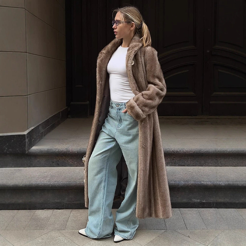 Women's Maxi Faux Fur Coat with Wide Lapel and Loose Fit Amarae