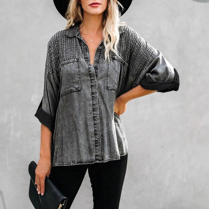 Women's Oversized Denim Blouse with Quilted Yoke, Button Placket and Patch Chest Pockets Amarae