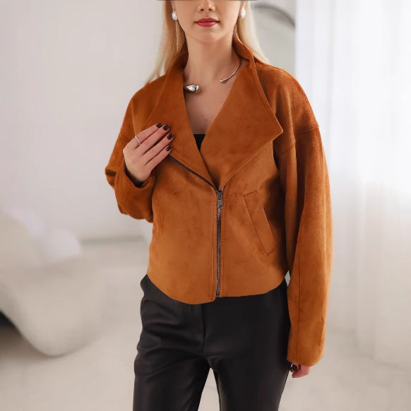 Trendy short jacket for women with a casual biker style featuring an asymmetrical zipper and a large collar Lune London