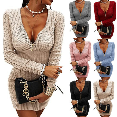 Knit dress for women with deep V-neck and elegant zipper Amarae
