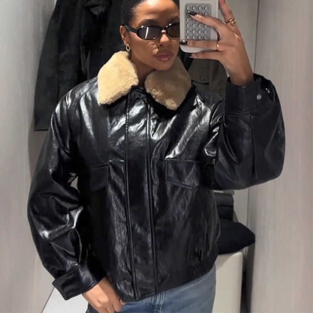 Women's Shiny Oversized Faux Leather Bomber Jacket with Voluminous Faux Fur Collar Amarae