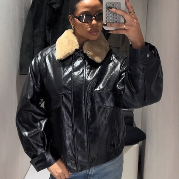 Women's Shiny Oversized Faux Leather Bomber Jacket with Voluminous Faux Fur Collar Amarae