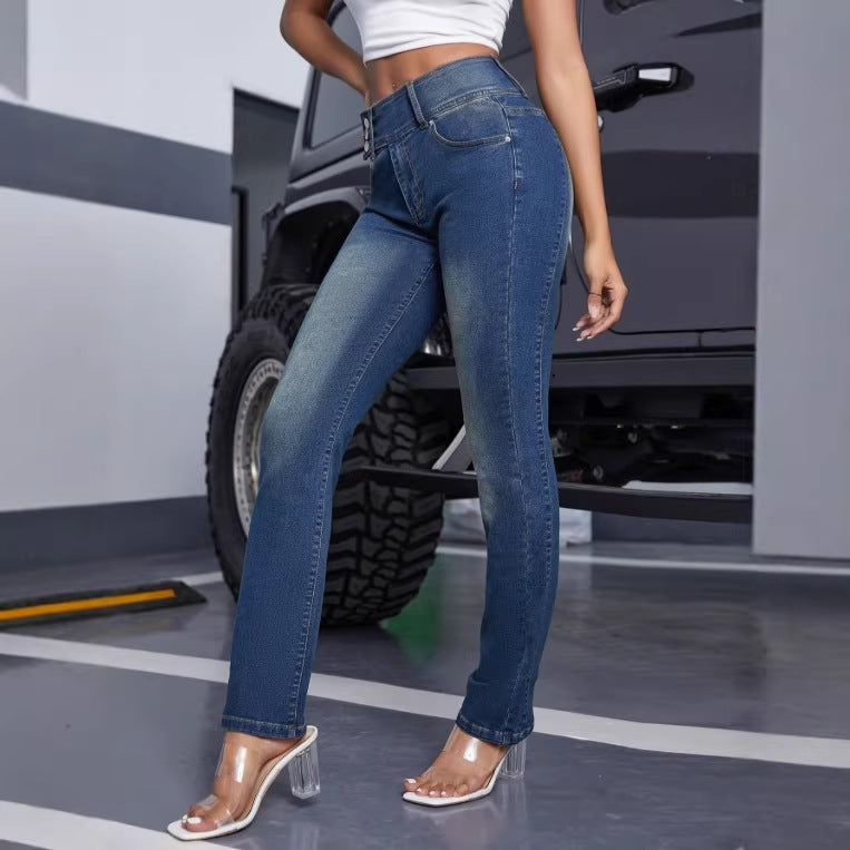 Women High-Waisted Sculpting Jeans with Triple Button Placket and Straight Leg Amarae